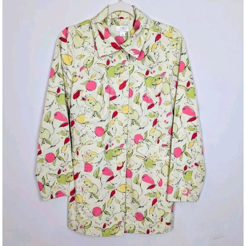 Ann Taylor LOFT Vintage Y2K S Fruit Print Apple Pear Trench Coat Jacket Cotton